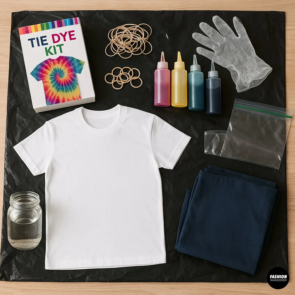 Flatlay of tie dye kit essentials including white t-shirt, rubber bands, dye bottles, gloves, plastic bags, and instructions on a black table cover.