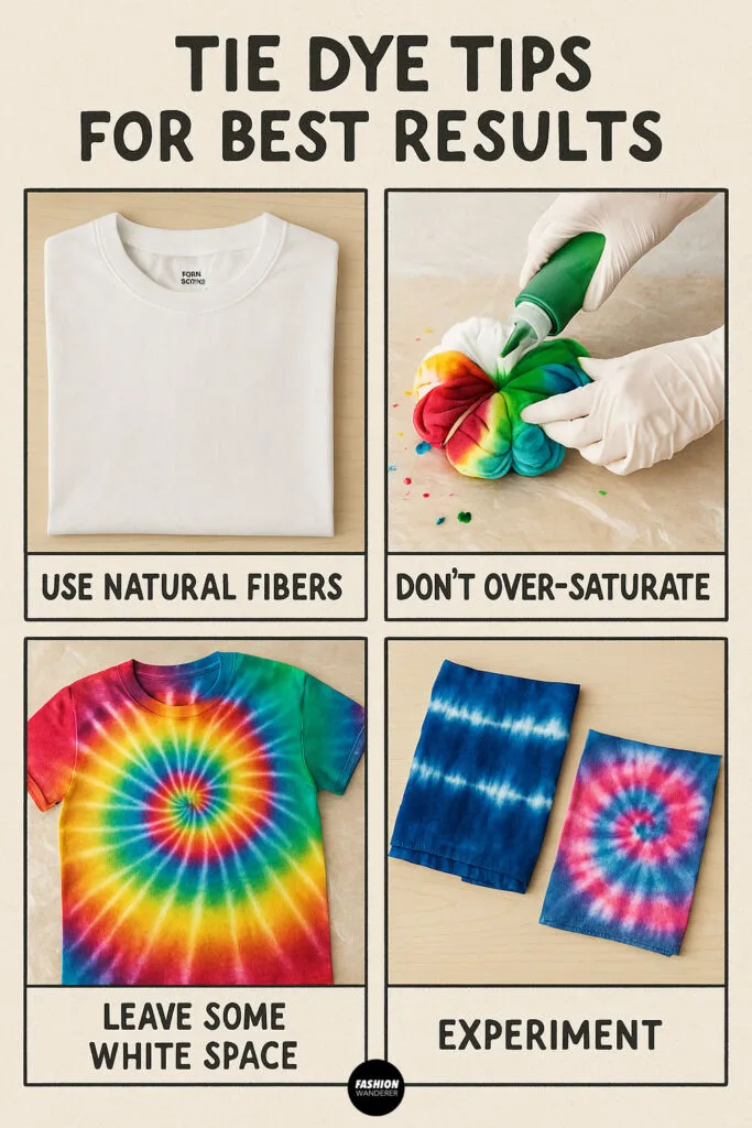 Photo collage of best practices for tie dye including using natural fibers, not oversaturating dye, leaving white space, and experimenting with designs.