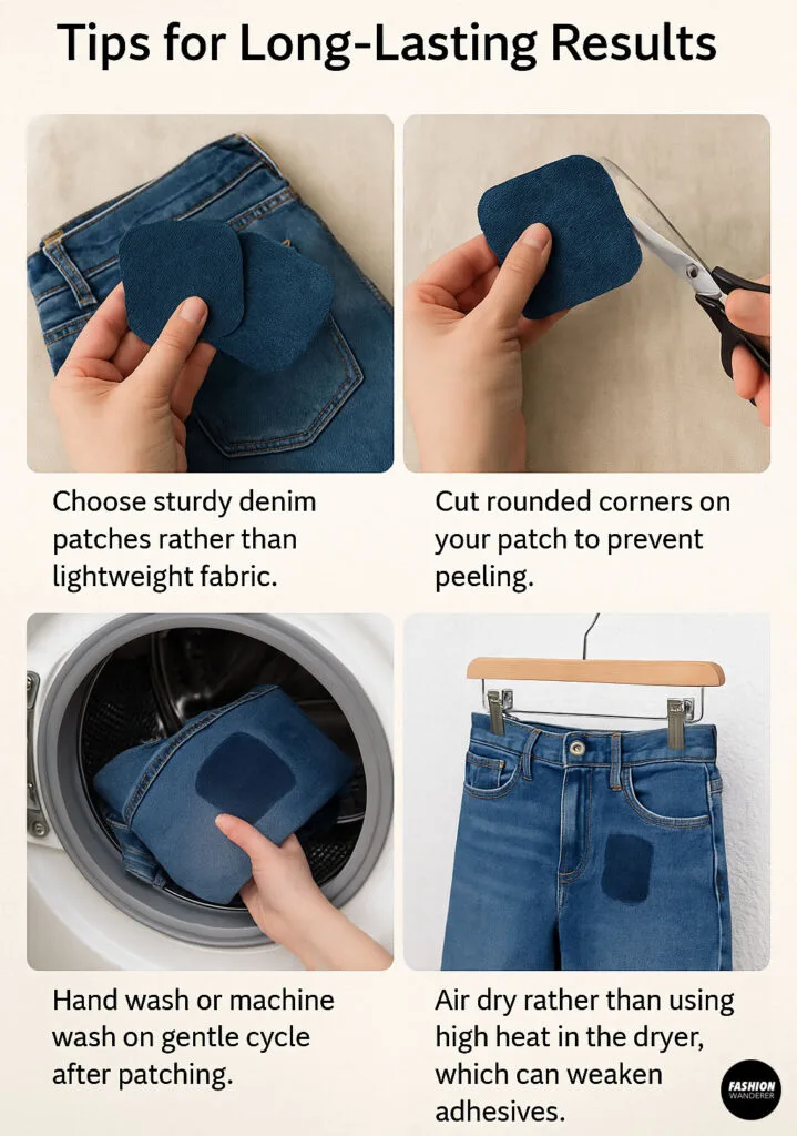 Four-panel visual guide showing steps to make denim patches last longer, including sturdy fabric, rounded edges, washing, and air drying.