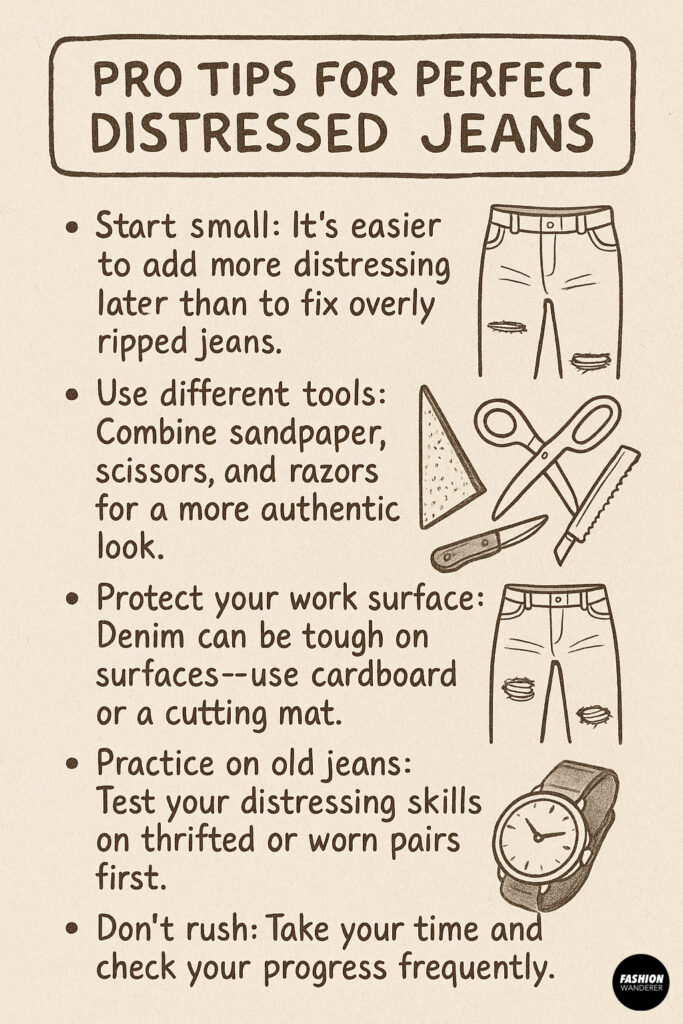 Infographic with expert tips for achieving the perfect DIY distressed jeans, including tools and tricks.