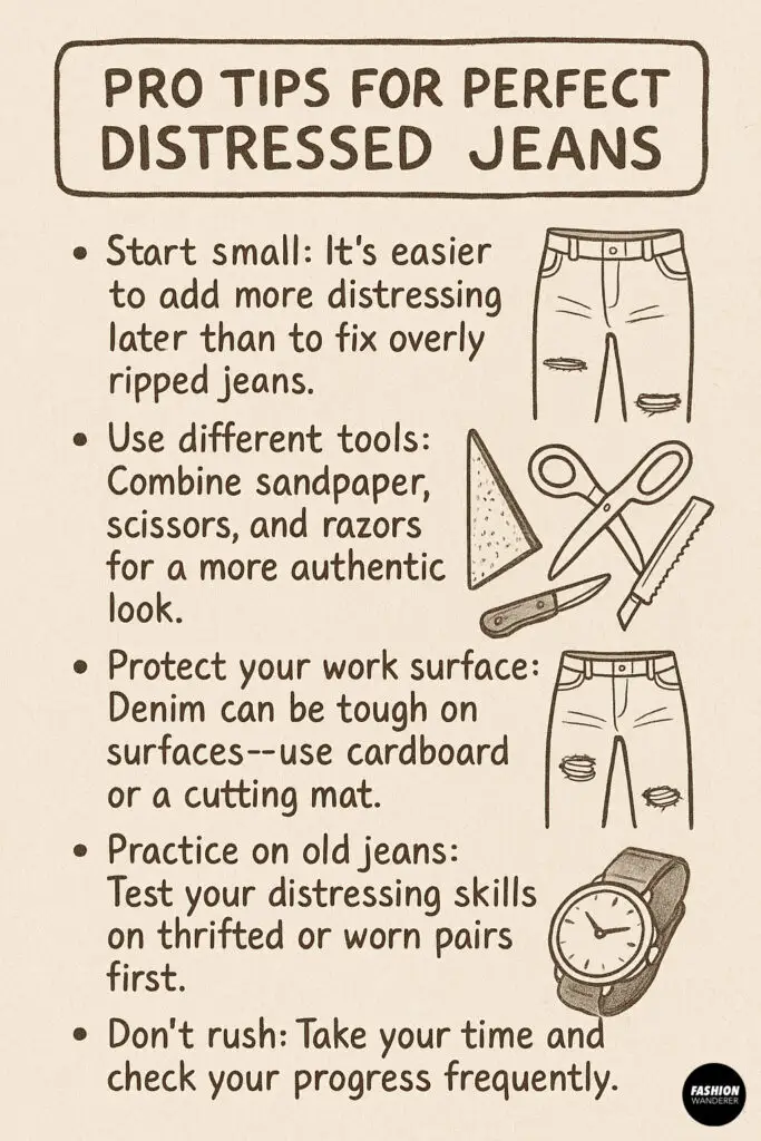 Infographic with expert tips for achieving the perfect DIY distressed jeans, including tools and tricks.