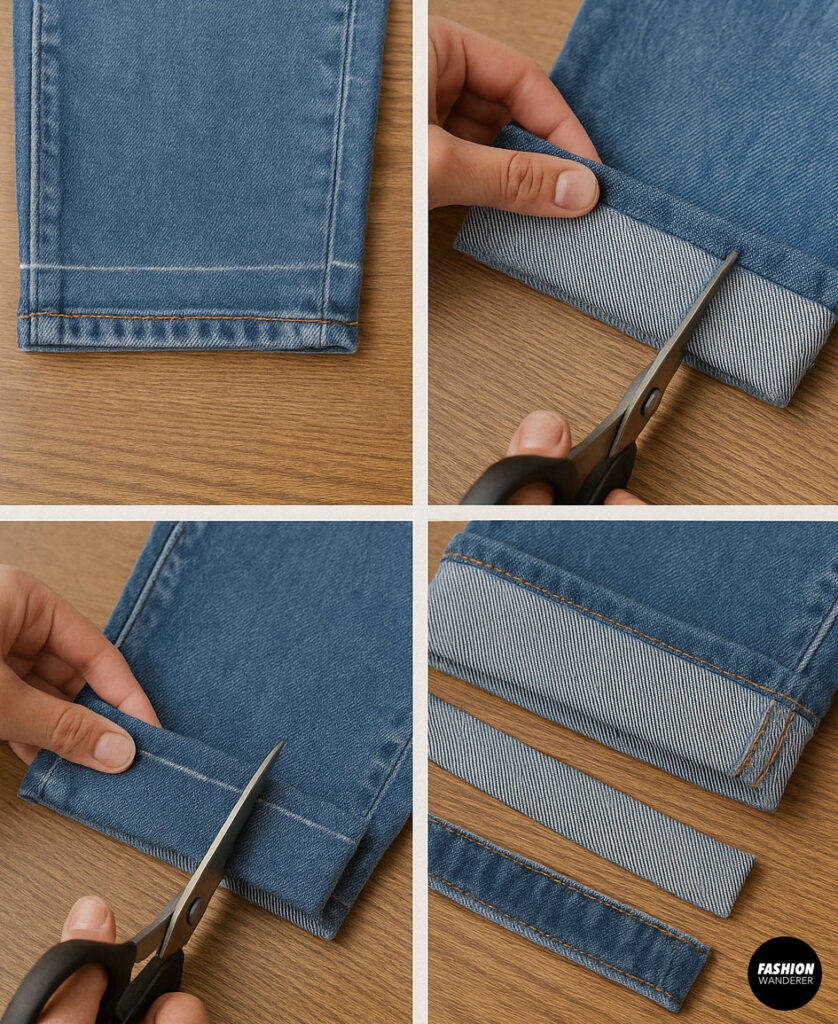 Tutorial collage showing how to trim and fold the bottom of jeans before applying fusible tape for a no-sew hem.