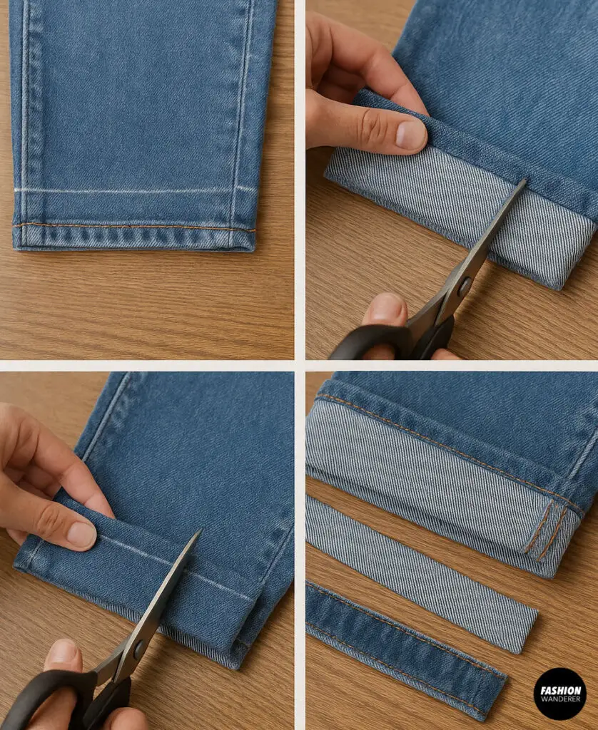 Tutorial collage showing how to trim and fold the bottom of jeans before applying fusible tape for a no-sew hem.