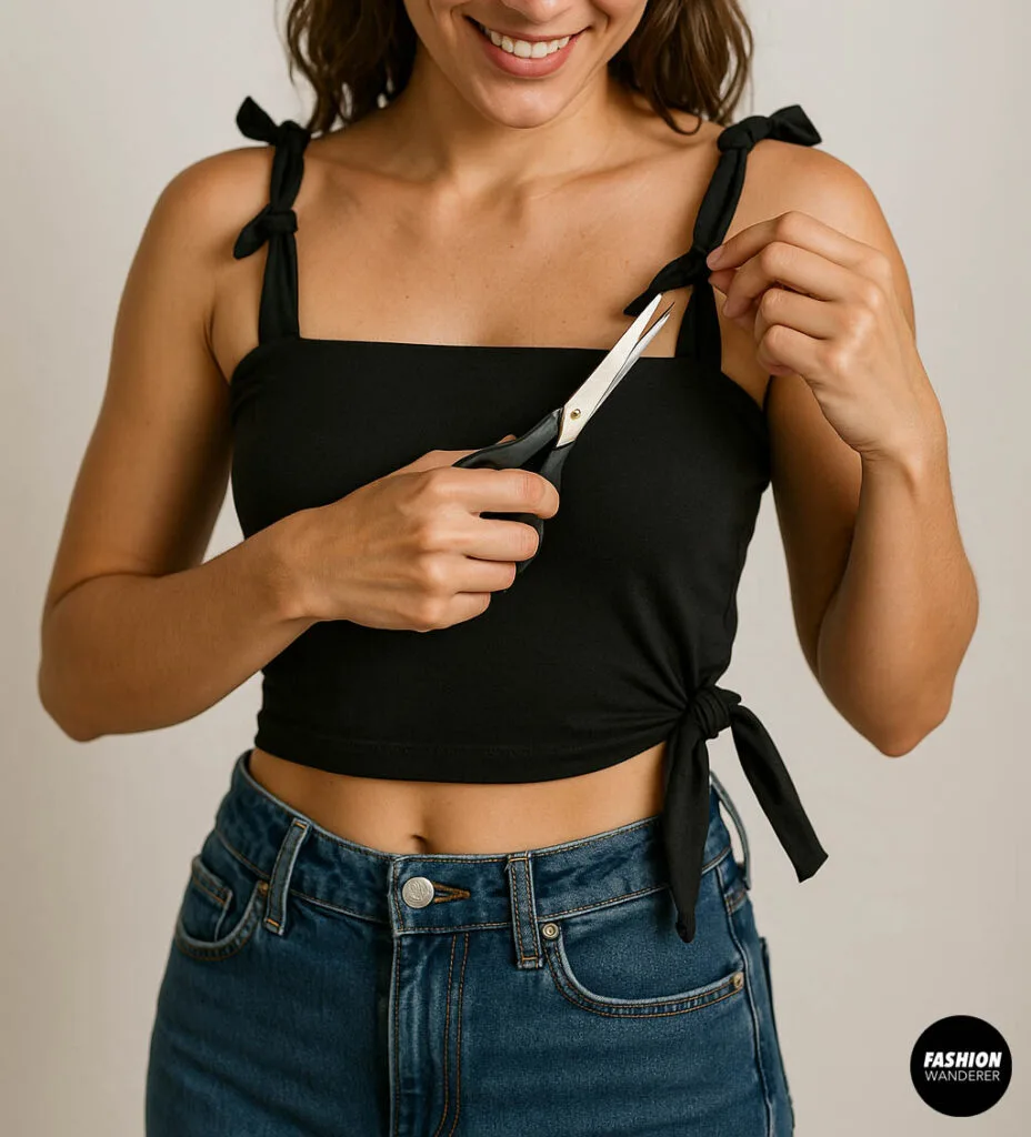 Back view of woman wearing black crop top with halter neck tie, showing fit and strap details over blue jeans.
