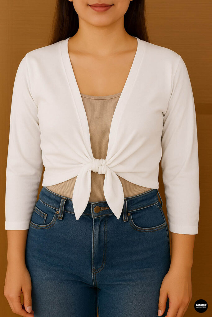 Woman wearing a white tie-front cardigan made from a t-shirt, tied at the waist over a beige tank top and blue jeans.