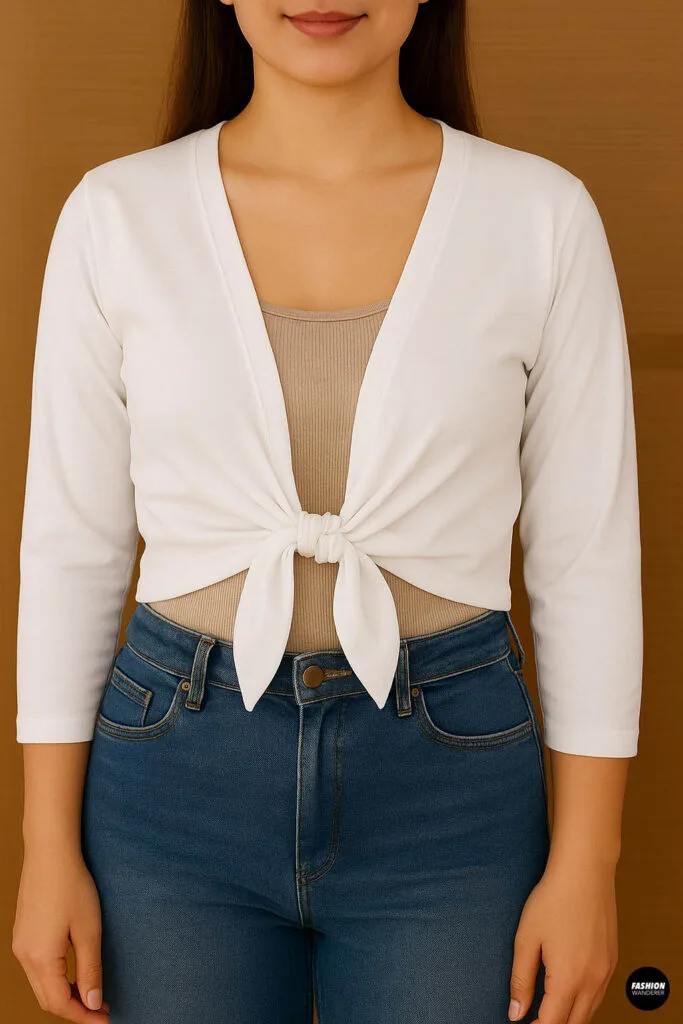 Woman wearing a white tie-front cardigan made from a t-shirt, tied at the waist over a beige tank top and blue jeans.
