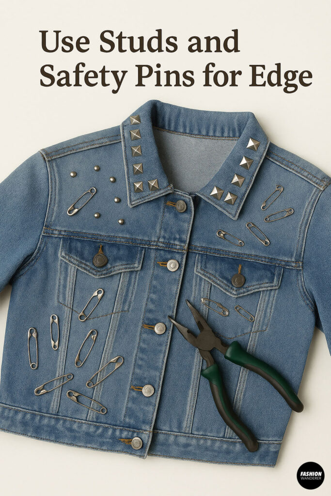 Denim jacket embellished with metal studs and safety pins for a punk-inspired look, with a pair of pliers placed on top.