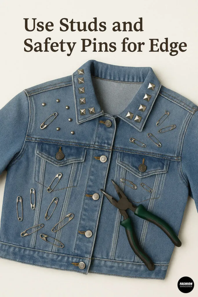 Denim jacket embellished with metal studs and safety pins for a punk-inspired look, with a pair of pliers placed on top.