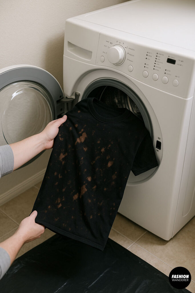 Hands loading acid-washed t-shirt into washing machine — final step in DIY bleach dye tutorial to remove excess bleach and finish the look.