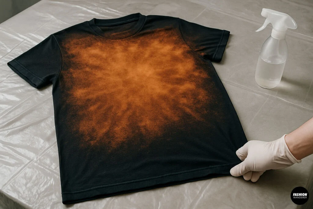 Final result of DIY acid wash t-shirt — black tee with bold orange bleach burst design, laid flat on a table with protective gloves and spray bottle, showcasing finished bleach dye effect.