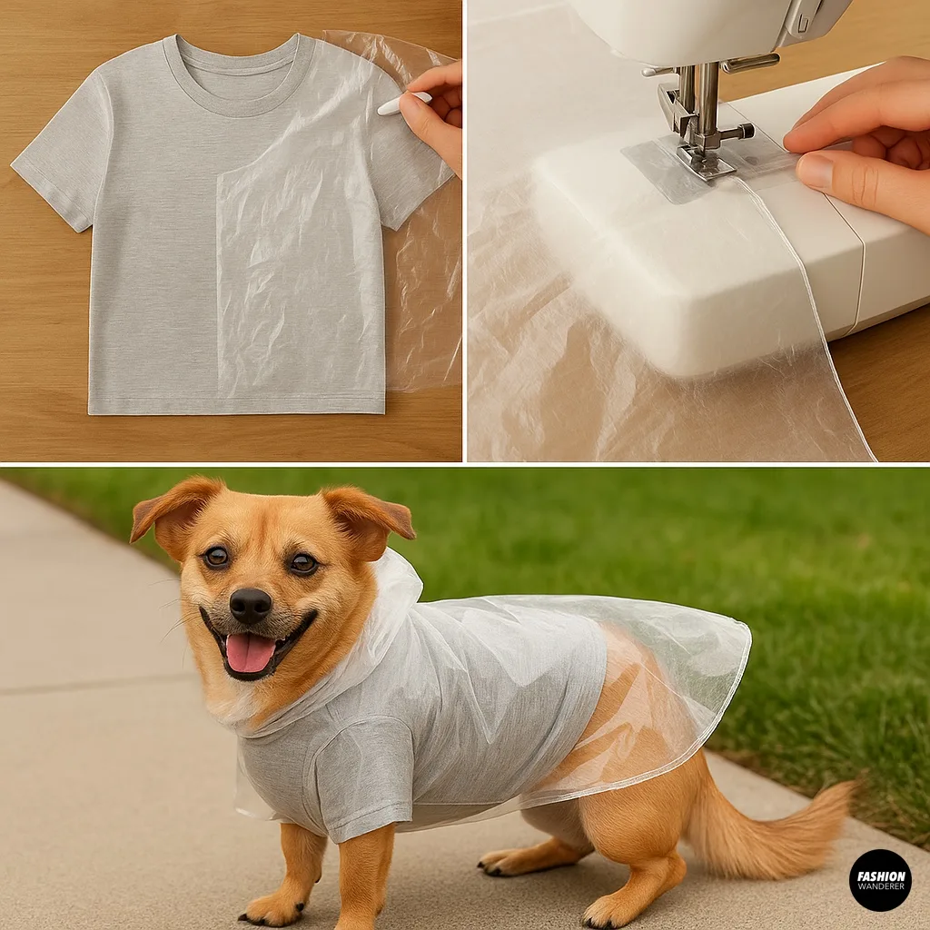 Waterproof dog raincoat collage showing transparent rain poncho layered on gray shirt, sewing plastic raincoat layer on machine, and smiling dog wearing DIY waterproof raincoat with gray shirt underneath outdoors.