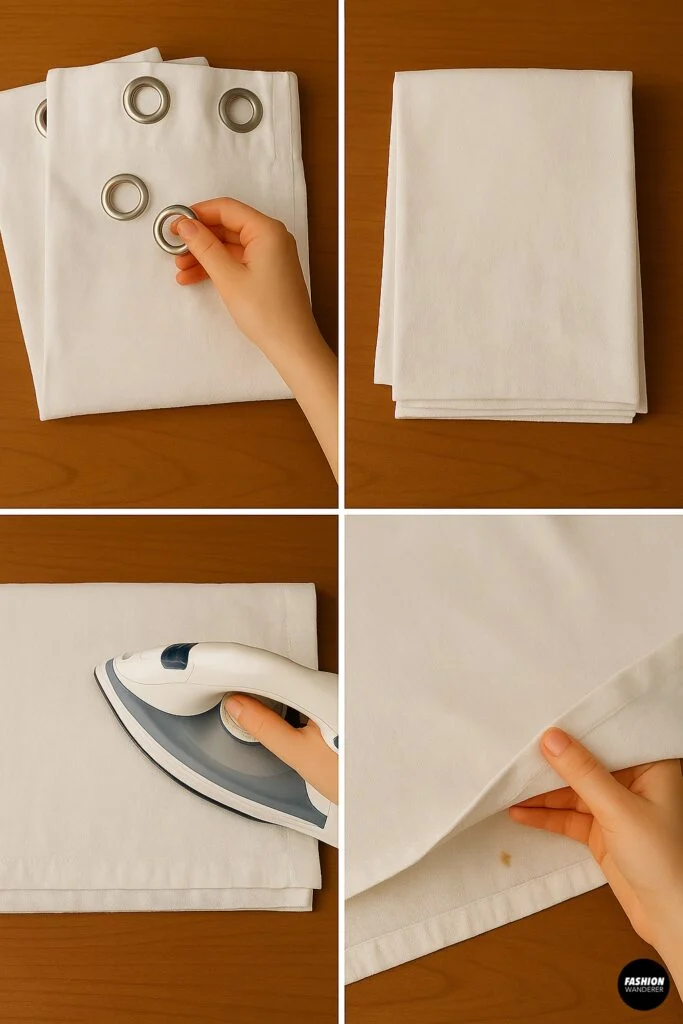 Remove grommets and press thrifted curtain flat to prep clean fabric for making a pleated mini skirt.