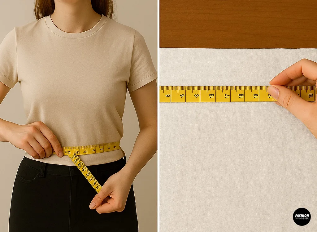 Measure waist and mark fabric width and length to size an upcycled curtain pleated mini skirt.