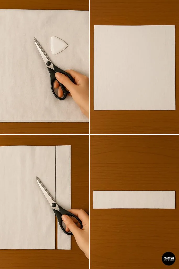 Use chalk and scissors to cut skirt panel and waistband strip from curtain fabric for the pleated skirt.