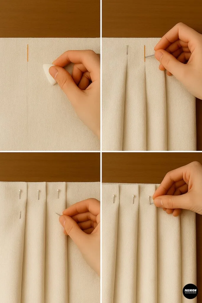 Mark even lines, fold, and pin box pleats across fabric to form the pleated mini skirt body.