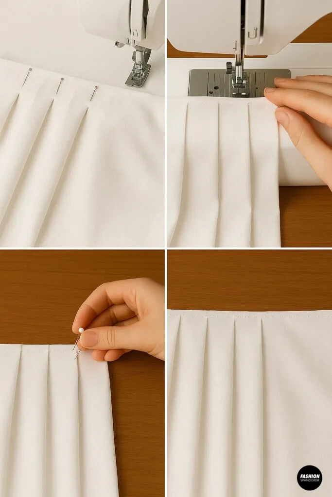 Sew along the top edge to secure pleats, remove pins, and press for crisp pleats on the skirt panel.