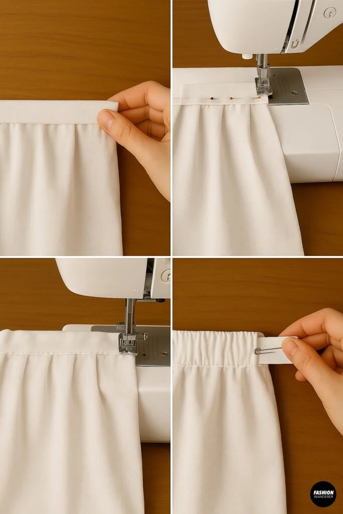 Attach waistband casing and insert elastic with a safety pin for an adjustable pleated mini skirt waist.