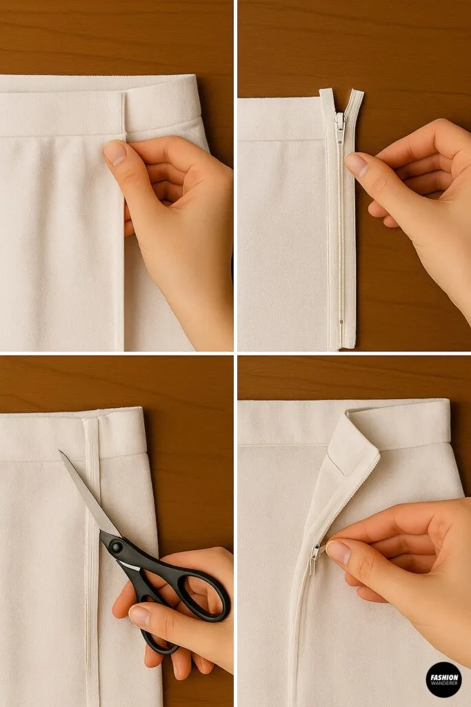 Install a side invisible zipper in the waistband for a tailored closure on the pleated skirt.
