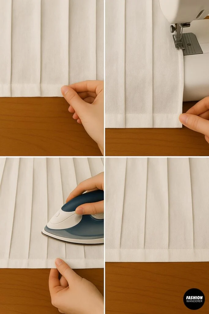 Fold, stitch, and press a narrow hem at the skirt bottom for a clean, professional finish.