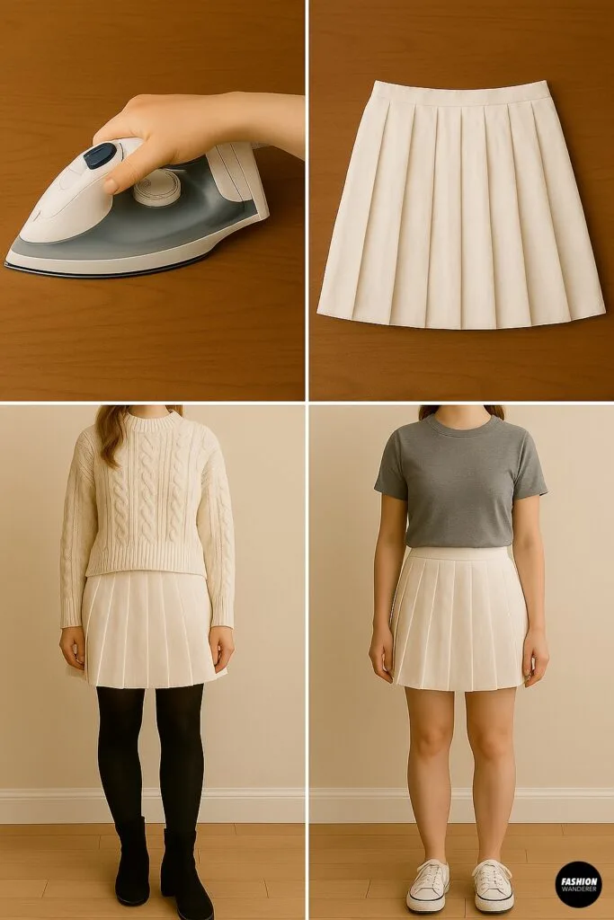Final press and styling ideas — finished pleated mini skirt from an old curtain worn with sweater or tee and sneakers.