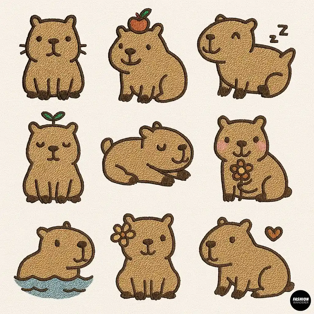 Colored embroidery patches of nine adorable capybara characters with playful expressions and props, including flowers, water, and sleeping poses on beige fabric.