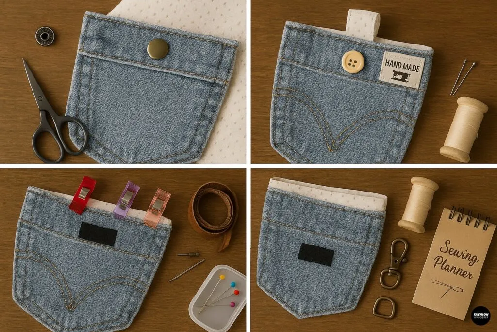 Four image collage of creative closure options for handmade denim pocket bags, including snaps, buttons, Velcro, and decorative handmade tags.