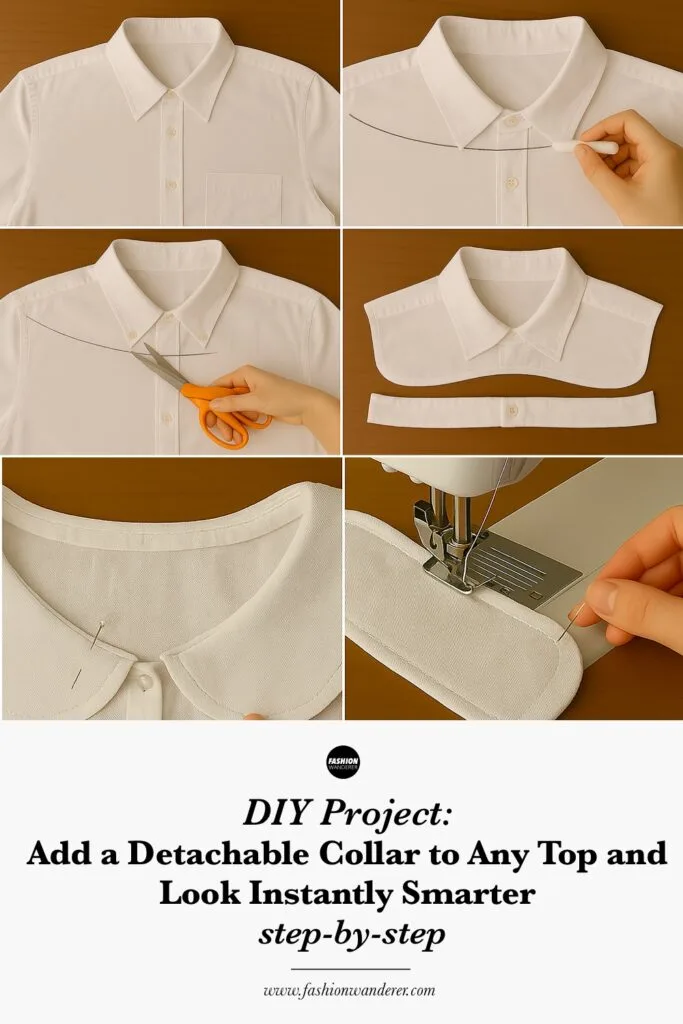 Pinterest ready image showing step-by-step tutorial on how to add a detachable collar to any top.