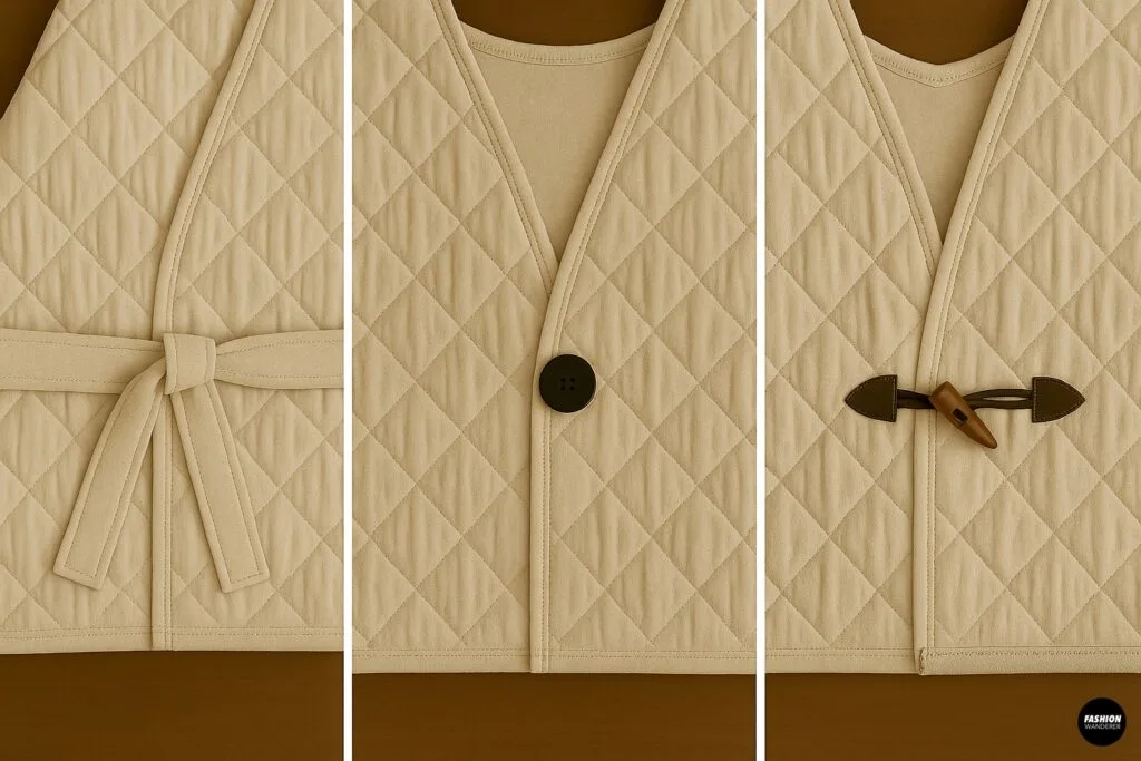 DIY sewing guide showing different closure options for a quilted wrap coat, including belt tie, button, and toggle clasp.