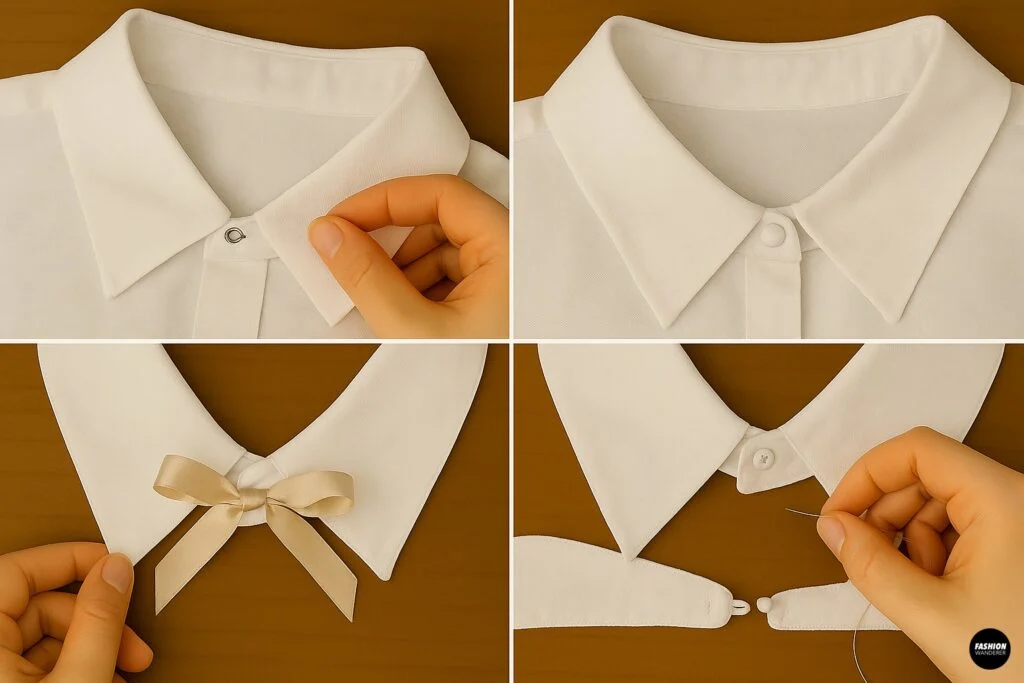 Guide showing how to attach button and snap closures to detachable collars for secure fastening.