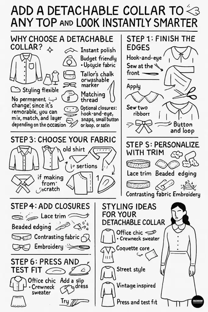 Black and white hand-drawn infographic showing step-by-step tutorial on how to add a detachable collar to any top, including fabric choice, finishing edges, adding closures, personalizing with trim, and styling ideas for office chic, coquette core, street style, and vintage-inspired looks.