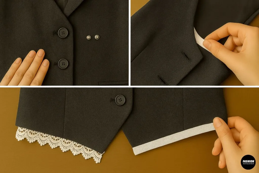 Close-up of waistband showing hidden elastic and buttonhook next to spare buttons, rivets, and lace for optional vest and skirt embellishments.