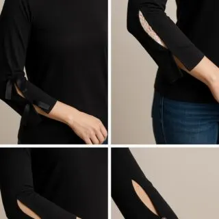 Close-up collage of four DIY embellishment ideas for slit sleeve shirts, including black ribbon ties, lace inserts, and decorative buttons sewn along the slit.