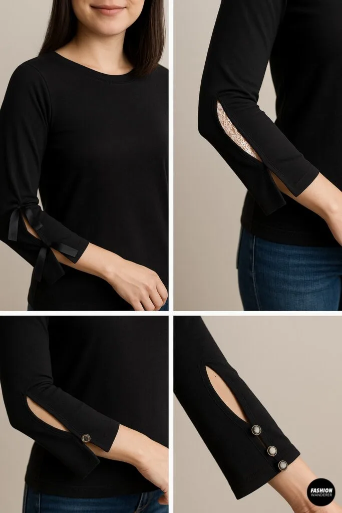 Close-up collage of four DIY embellishment ideas for slit sleeve shirts, including black ribbon ties, lace inserts, and decorative buttons sewn along the slit.