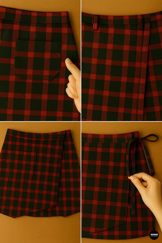 Step 7 of wrap skirt tutorial showing extra customization details like patch pockets and waist ties being added to a plaid skirt.