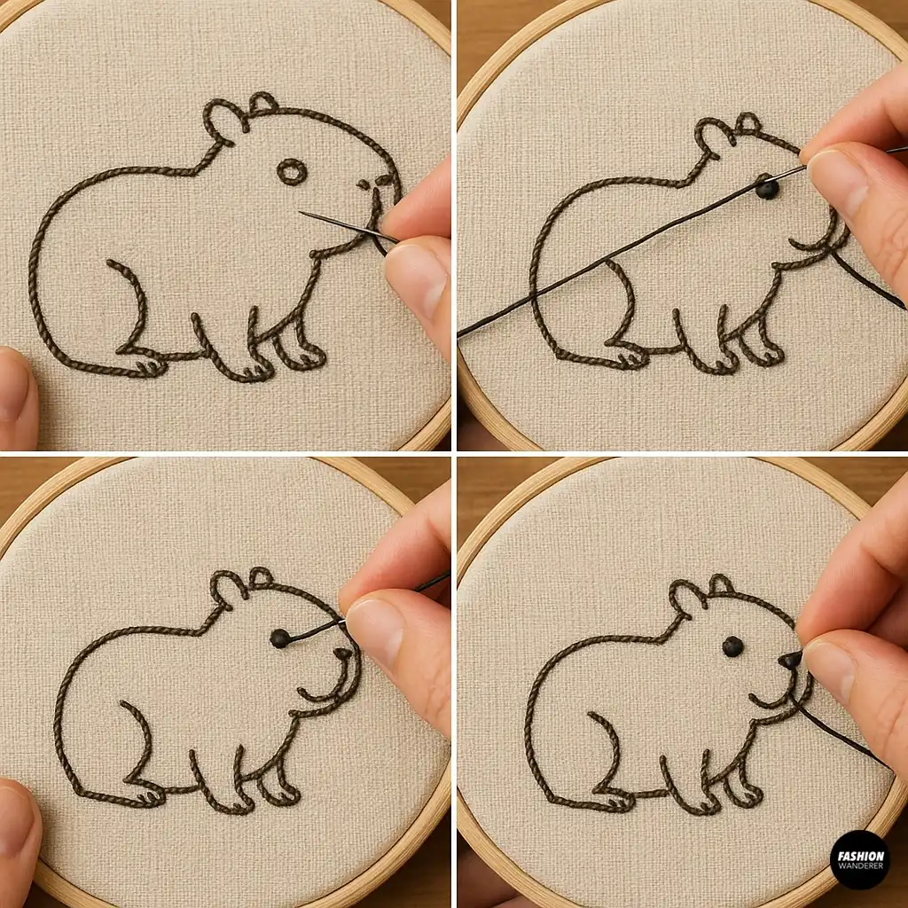 Adding black embroidered facial details to the capybara pattern, including nose, eye, and ear outline using fine embroidery stitches.