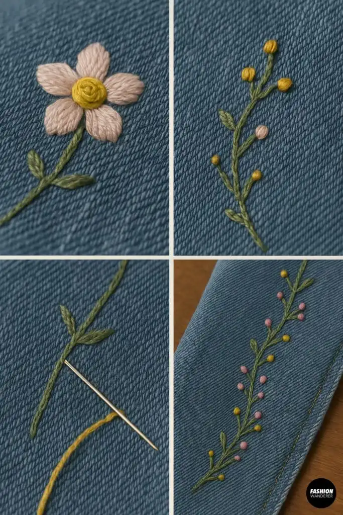 Close-up of detailed flower embroidery on denim with yellow centers and added embellishments, demonstrating how to finish floral designs.