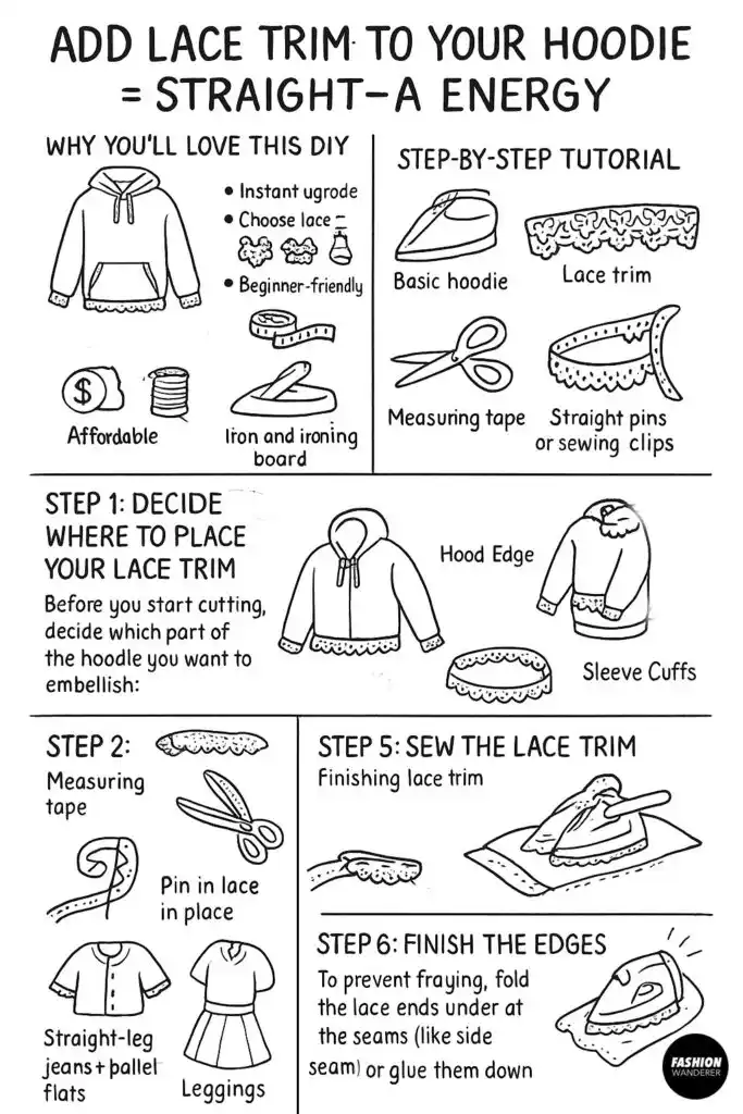 Black and white hand-drawn infographic tutorial showing how to add lace trim to hoodie step by step for DIY fashion upcycling.