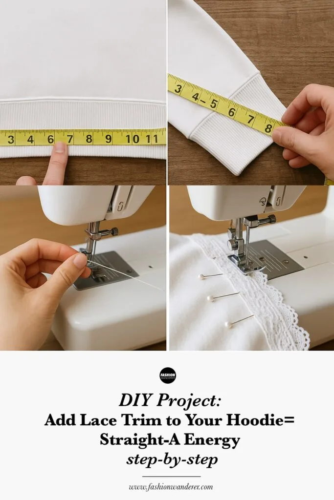 Pinterest ready infographic showing how to add lace trim to hoodie