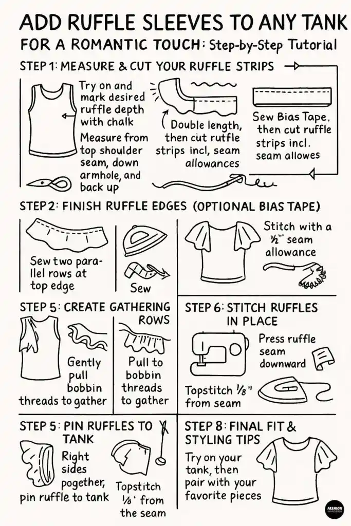 Black-and-white hand-drawn Pinterest-style infographic titled &lsquo;Add Ruffle Sleeves to Any Tank for a Romantic Touch,&rsquo; showing eight illustrated steps: 1) Measure and cut doubled ruffle strips with seam allowances, 2) Sew bias tape and finish edges, 3) Stitch two parallel basting rows to create gathering, 4) Pull bobbin threads to gather ruffle, 5) Pin gathered ruffle right sides together along tank armhole, 6) Stitch ruffle in place and press seam downward, 7) Topstitch 1/8&Prime; from seam for a polished edge, 8) Try on finished tank and style with favorite pieces&mdash;simple visuals guide DIY ruffle sleeve addition.