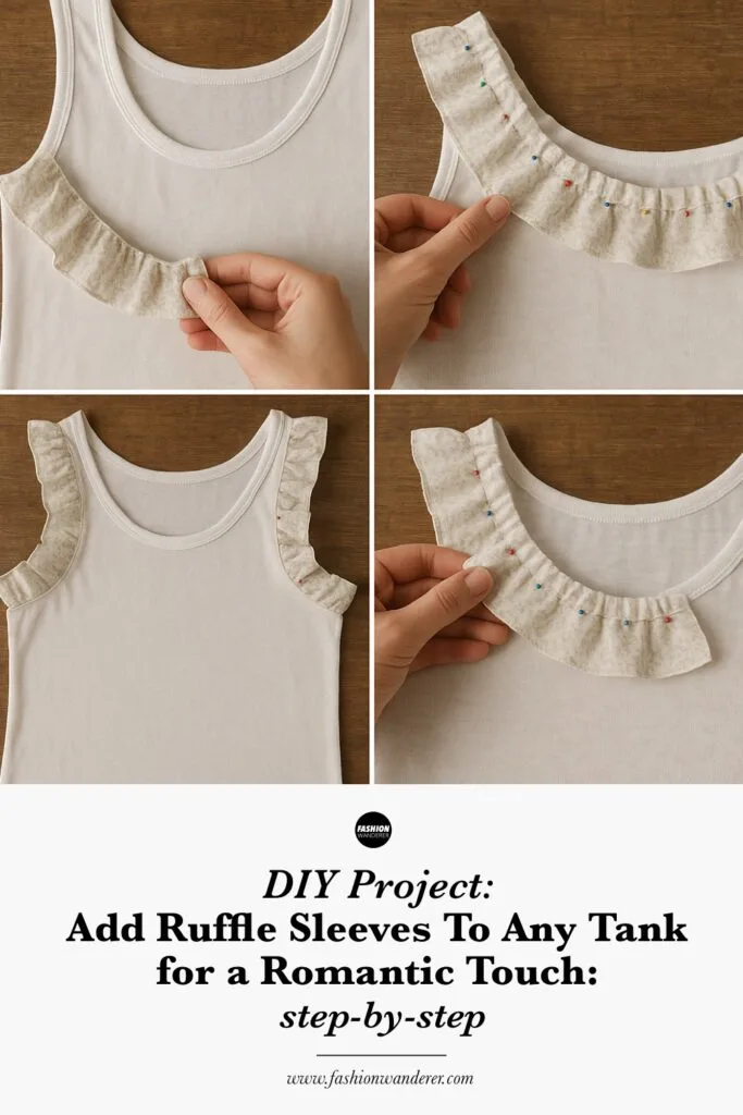Pinterest-style image showing how to Add cute Ruffle Sleeves to Any Tank top.