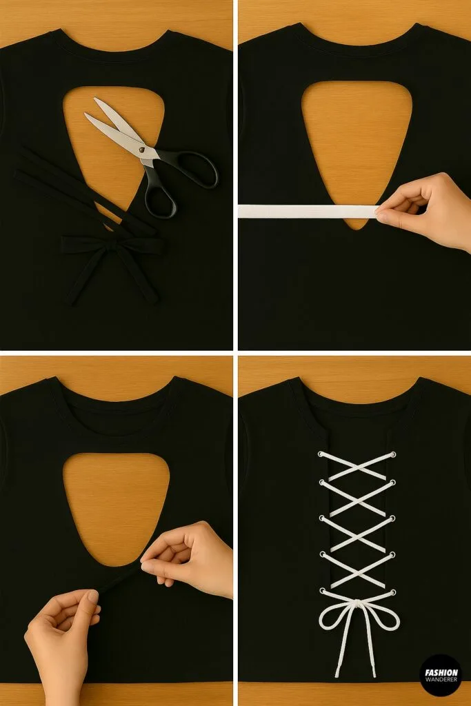 DIY tutorial collage showing how to add optional support to a backless t-shirt by cutting tie straps and creating a lace-up design across the open back.