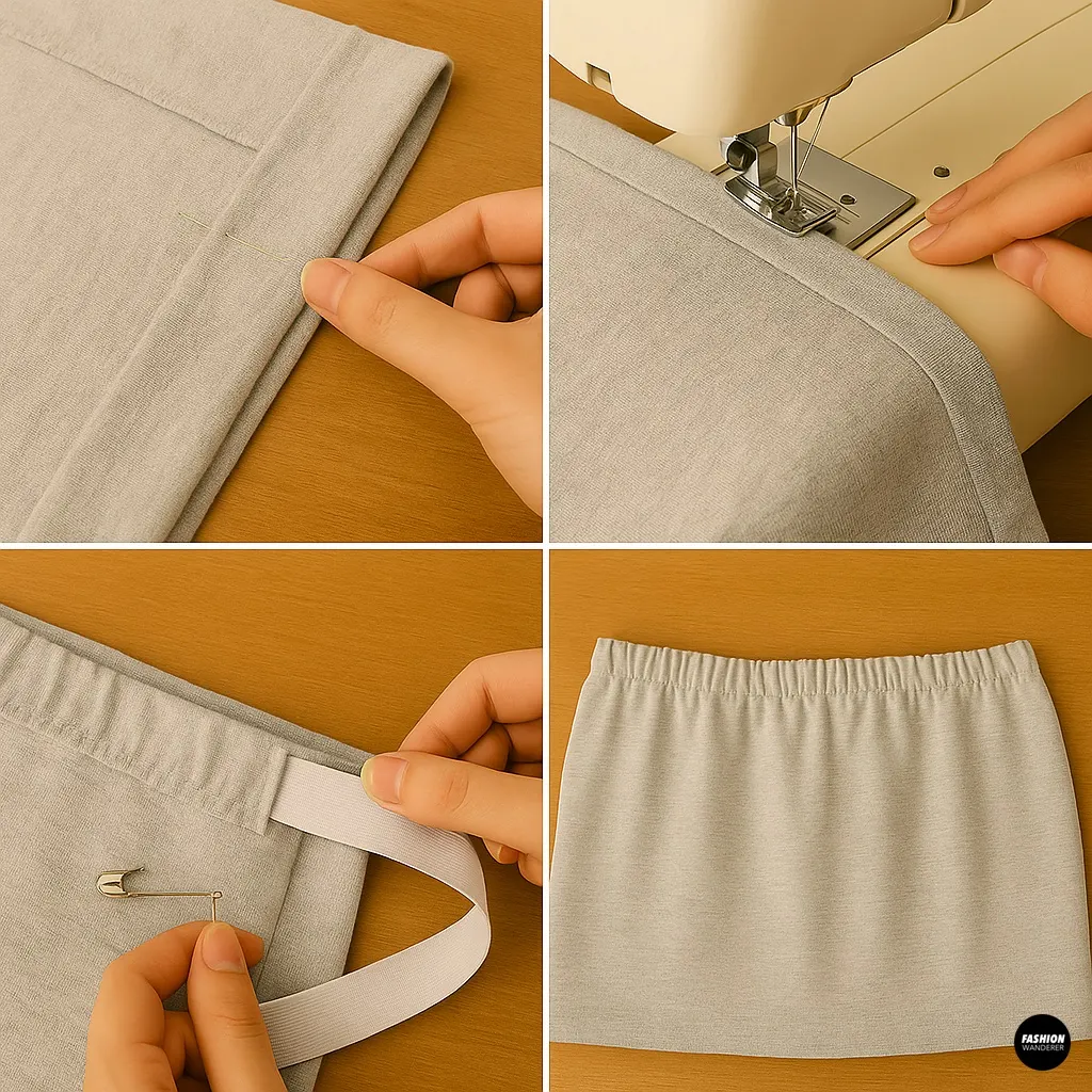 DIY sewing tutorial collage showing how to add an elastic waistband to a hoodie skirt panel using pins, sewing machine, and safety pin.