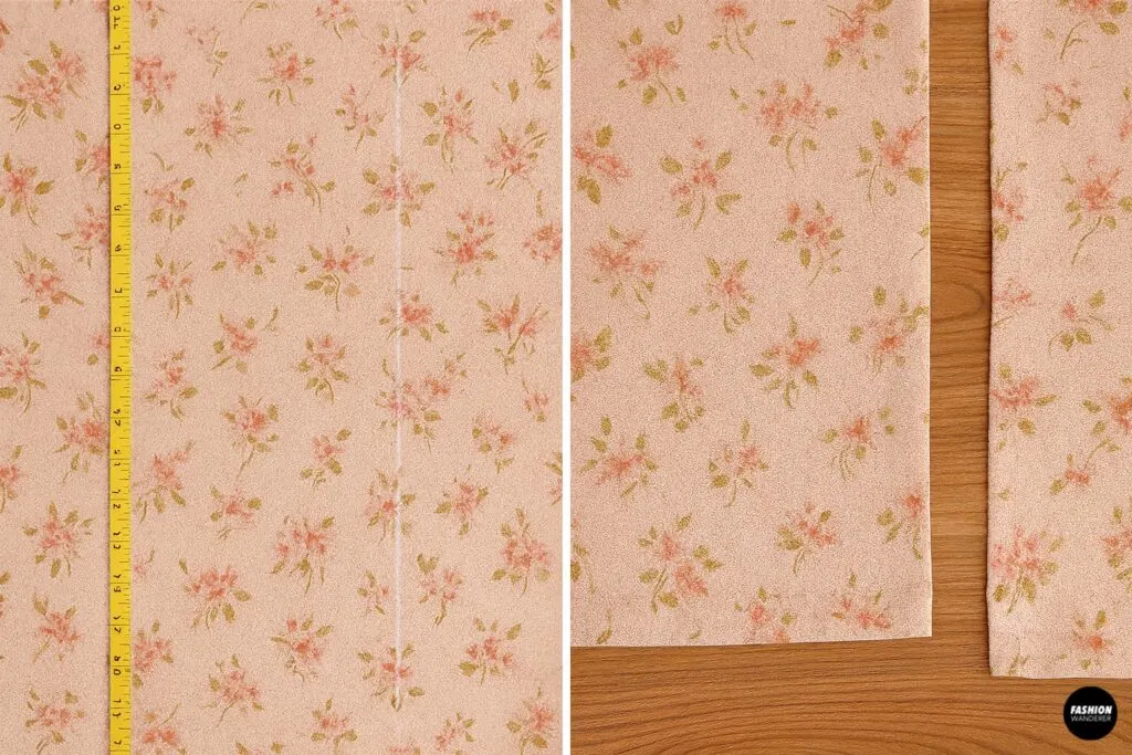 Two floral skirt panels with measuring tape marking a 12–18” slit, folded edges, and stitched seam on wooden table.