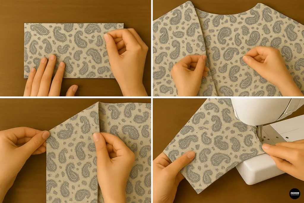 Photo collage showing rectangular sleeve fabric pieces in paisley print, pinning the raw edges to the body armhole, and sewing the sleeve seams on a sewing machine.
