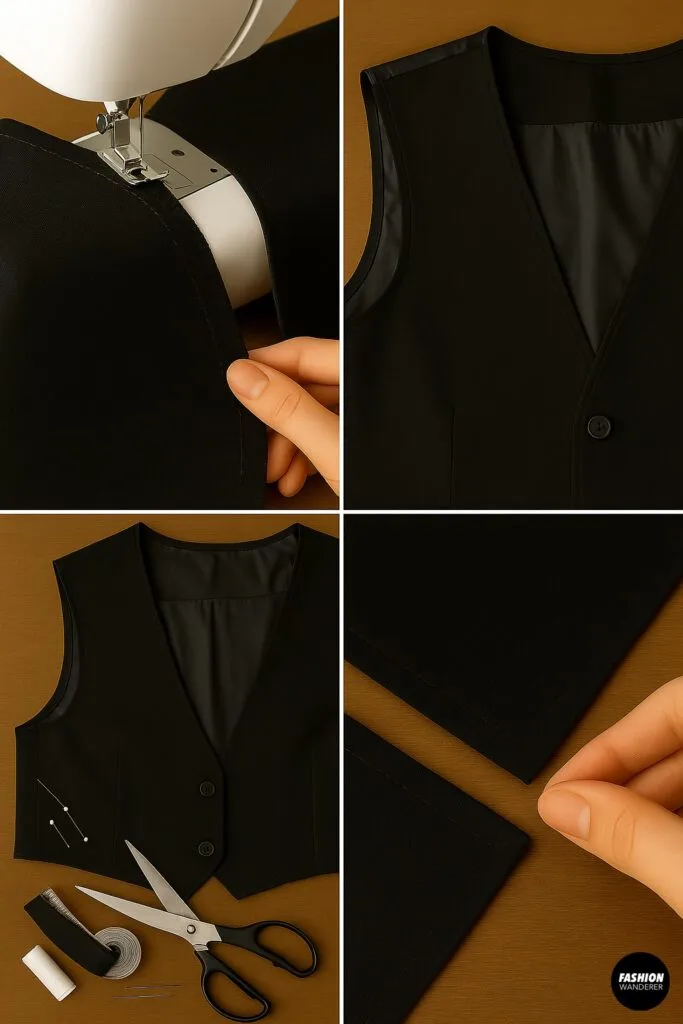 Close-up of sewing machine stitching and finished cropped vest laid flat showing stabilized raw edges and optional lining for a tailored upcycled vest.