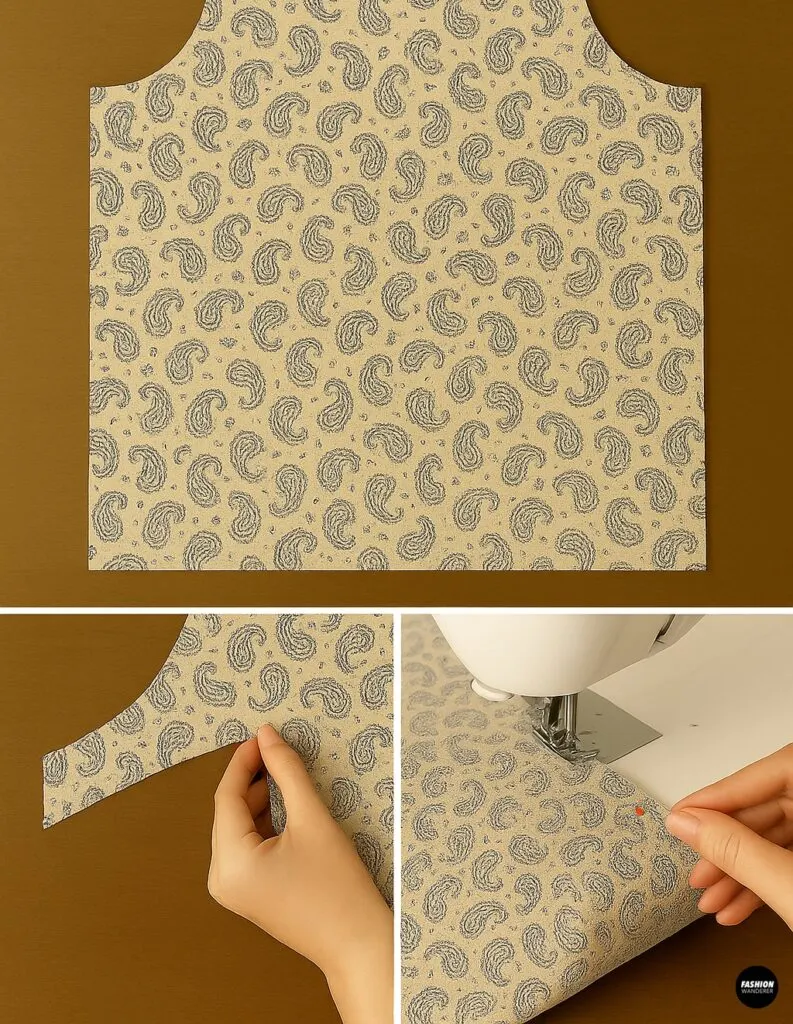 Four-panel collage of a paisley-print fabric&rsquo;s back panel with cut armhole shaping and a close-up of pinning and sewing shoulder seams on a white sewing machine.