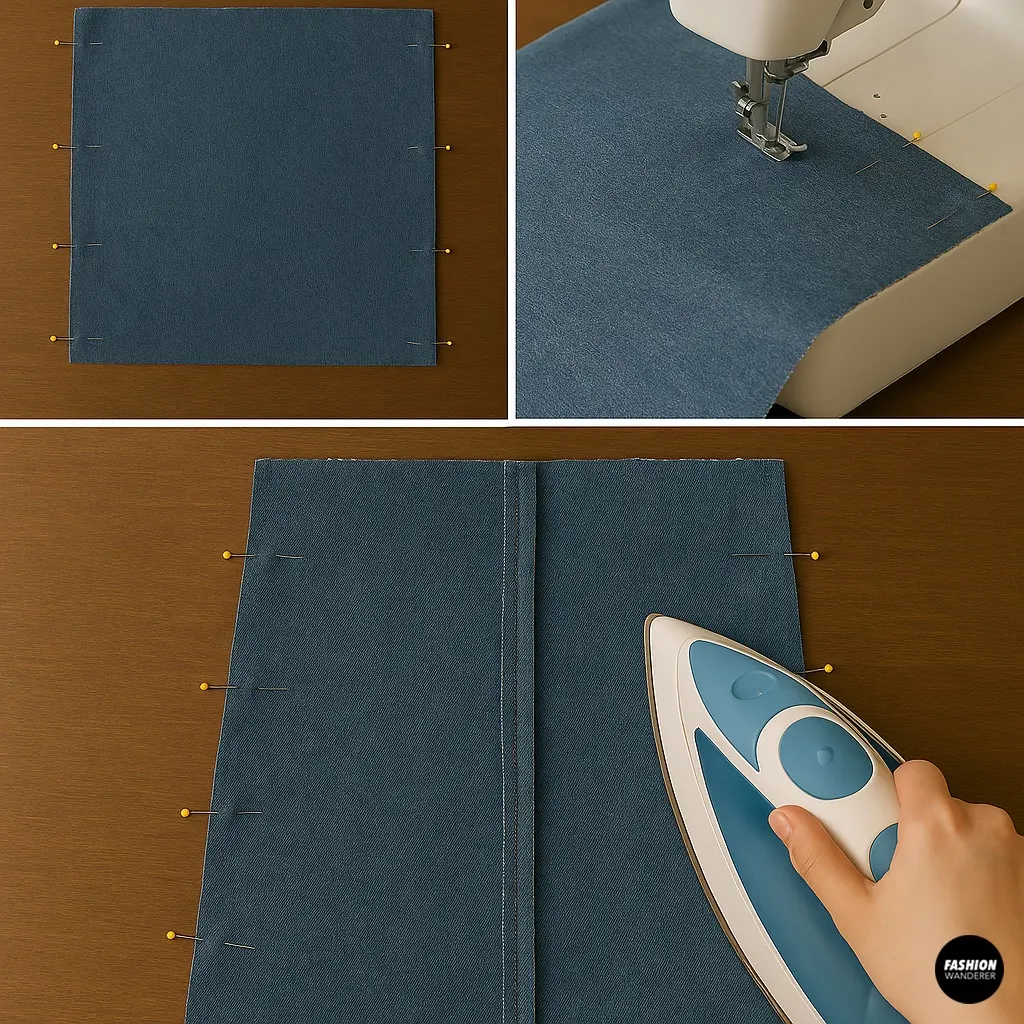 Pinned denim tote panels being stitched on sewing machine and pressed open to create the outer shell of the tote bag.