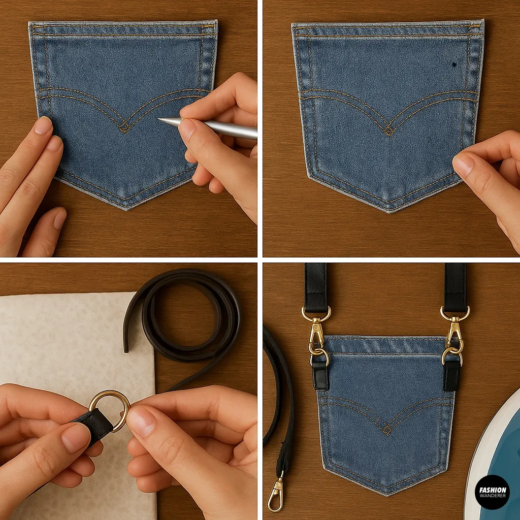 Collage showing how to mark and attach D-rings and leather straps to a denim pocket for a DIY crossbody pouch, with close-ups of stitching and hardware tools.