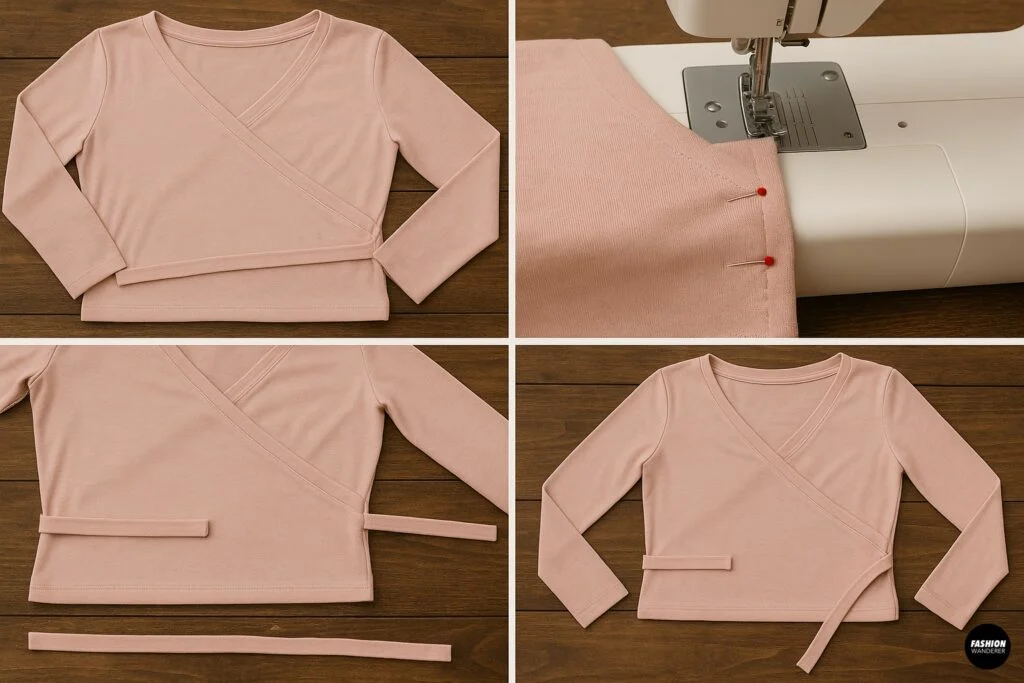 Attaching wrap ties to the cropped pink wrap top; flatlay visuals of pinned ties, sewing close-up, and completed layout before final stitching.
