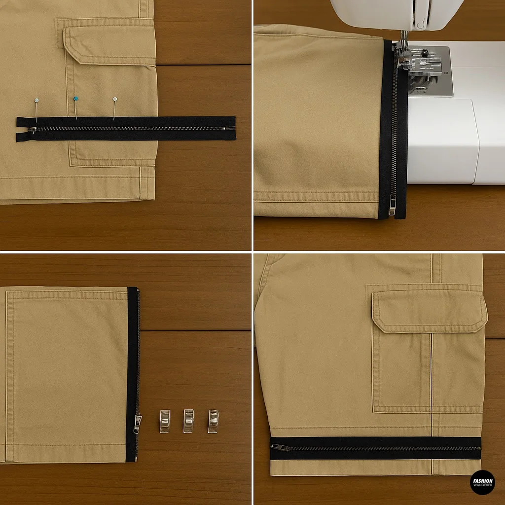 Step-by-step collage showing black zippers pinned, sewn, and attached to khaki cargo shorts and pant legs for zip-off conversion.